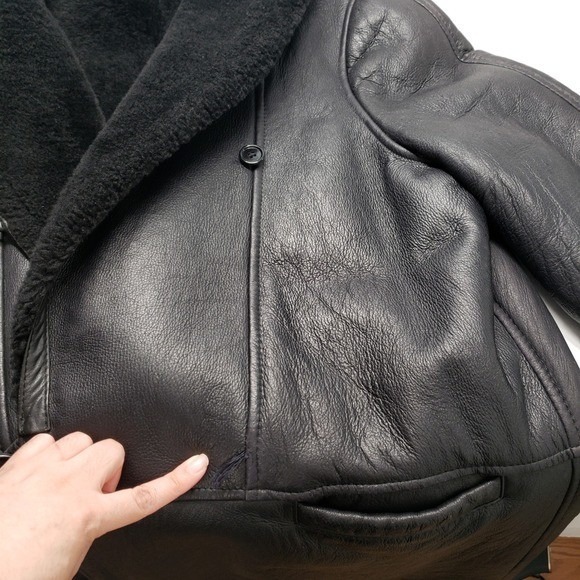 Vintage Patmos Long Leather Shearling Coat Womens Large Black Trench Full Length - Picture 15 of 16